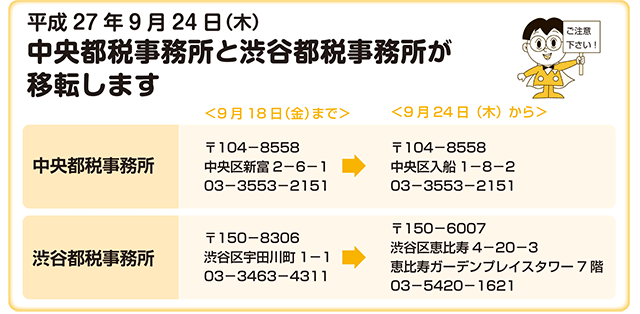 平成27年9月24日（木）中央都税事務所と渋谷都税事務所が移転します