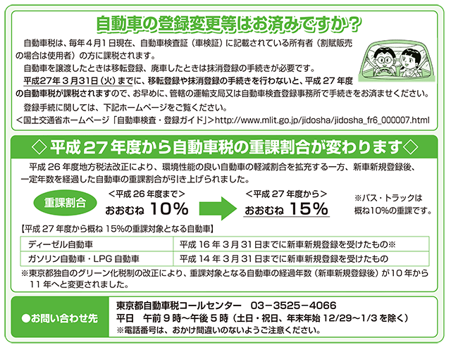 自動車の登録変更等はお済みですか？平成27年度から自動車税の重課割合が変わります